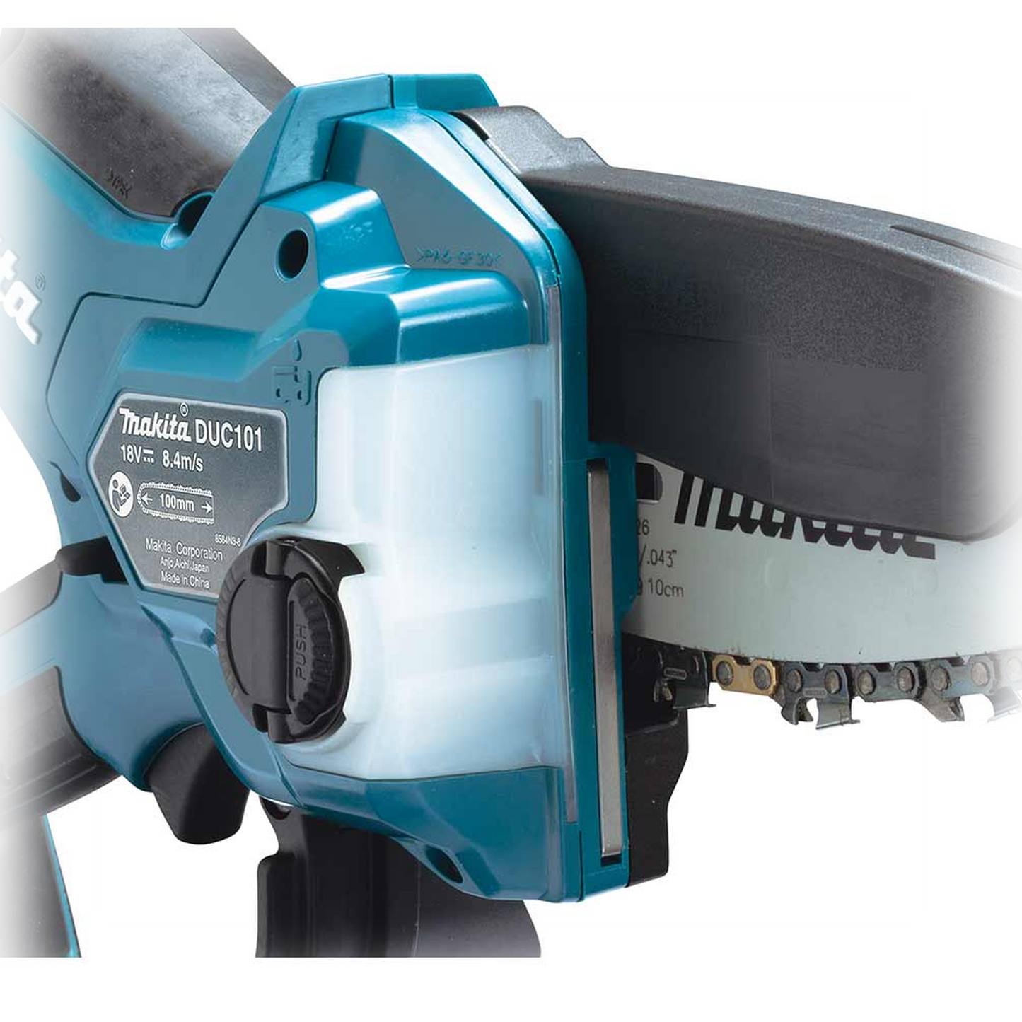 Makita DUC101Z oksasaag – lõikepea detailvaade